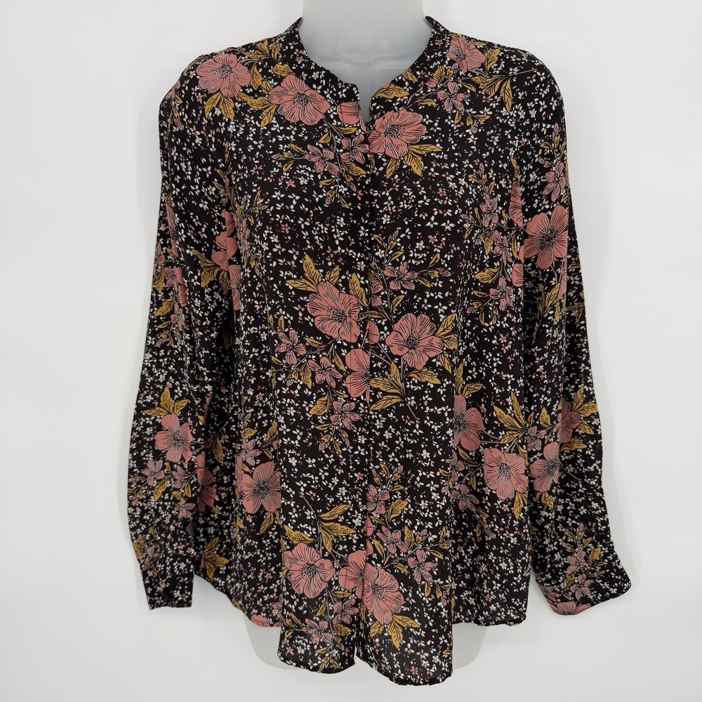 Zadig & Voltaire M 100% Silk Floral Blouse‎ Button Up Long Sleeve Top Collarless
